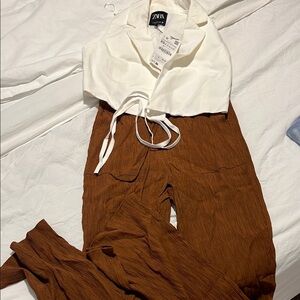Zara White Top and Brown Pants Set